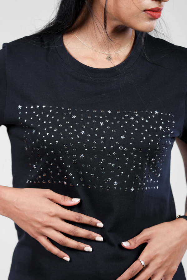 Astral Radiance Metal Sequin Black T-Shirt for Women - Crew Neck Edition
