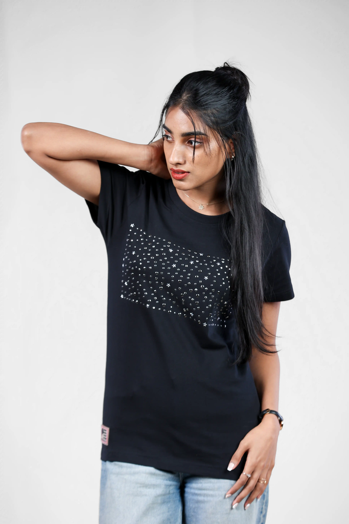 Astral Radiance Metal Sequin Black T-Shirt for Women - Crew Neck Edition