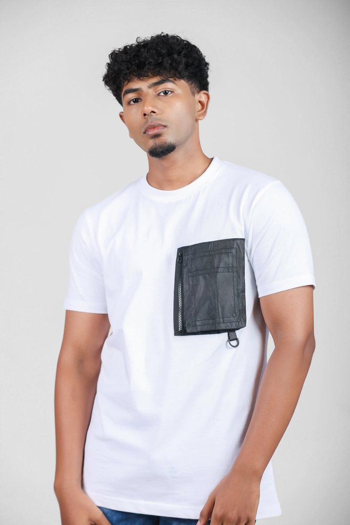 Carbon Stash Fabric-Mixed Zip Pocket White T-Shirt for Men – Crew Neck Edition