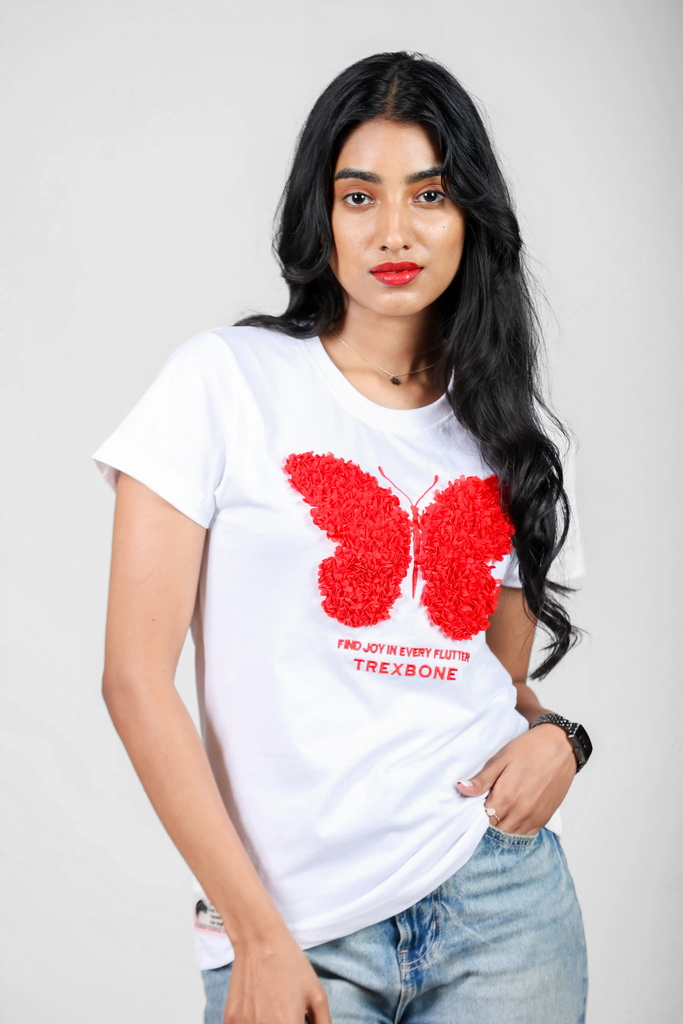 Crimson Flutter Cording Embroidered White T-Shirt for Women – Crew Neck Edition