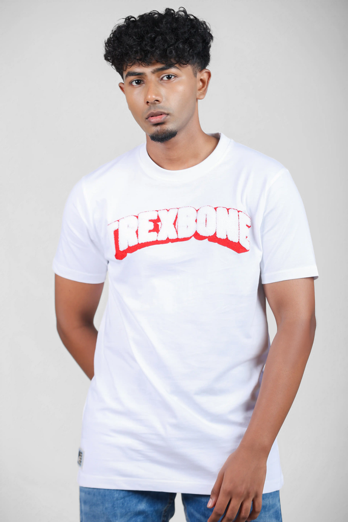 Crimson Crest Chenille Typography White T-Shirt for Men – Crew Neck Edition