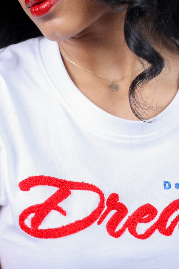 Dare to Dream Chenille Embroidered White T-Shirt for Women – Crew Neck Edition
