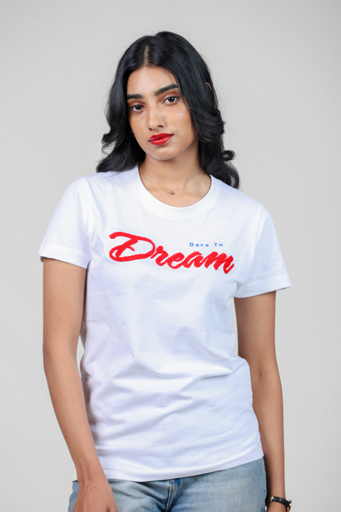 Dare to Dream Chenille Embroidered White T-Shirt for Women – Crew Neck Edition