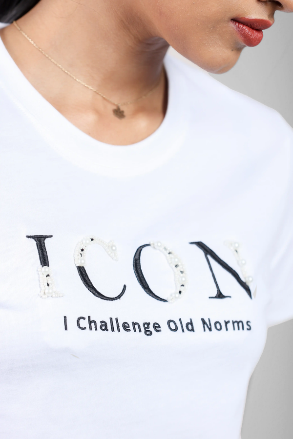 Defiant Elegance Pearl-Adorned Icon White T-Shirt for Women – Crew Neck Edition