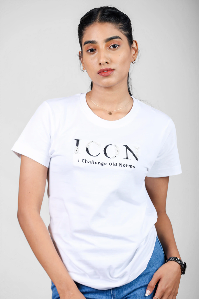 Defiant Elegance Pearl-Adorned Icon White T-Shirt for Women – Crew Neck Edition