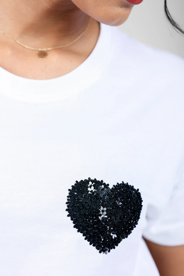 Ebon Flora Encrusted Heart White T-Shirt for Women – Crew Neck Edition