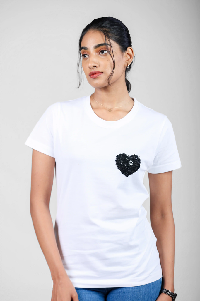Ebon Flora Encrusted Heart White T-Shirt for Women – Crew Neck Edition