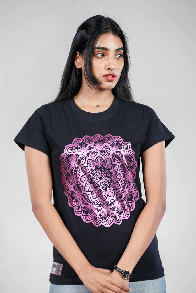 Ethereal Mandala Pink Foil Black T-Shirt for Women - Crew Neck Edition