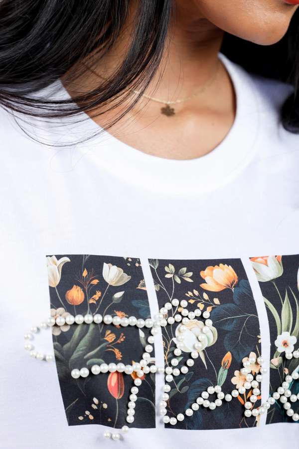 Gardenia Floret Pearl Adorned White T-Shirt for Women – Crew Neck Edition