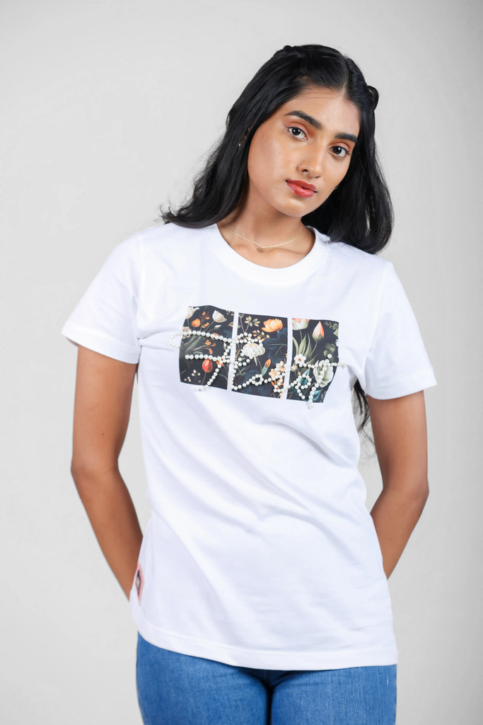 Gardenia Floret Pearl Adorned White T-Shirt for Women – Crew Neck Edition