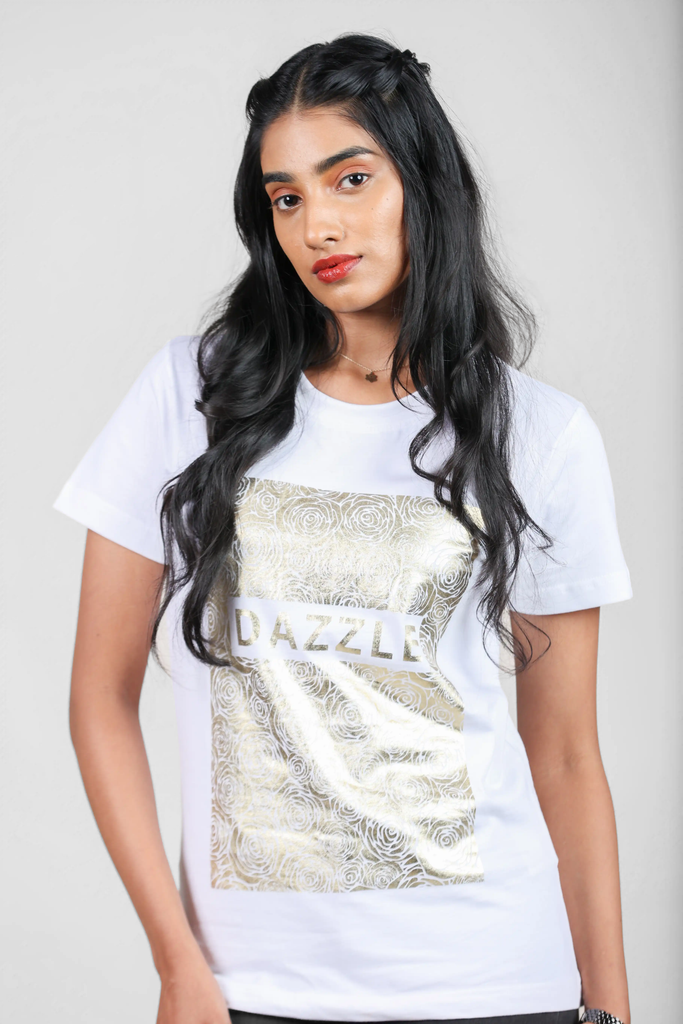 Gilded Dazzle Roses White T-Shirt for Women – Crew Neck Edition