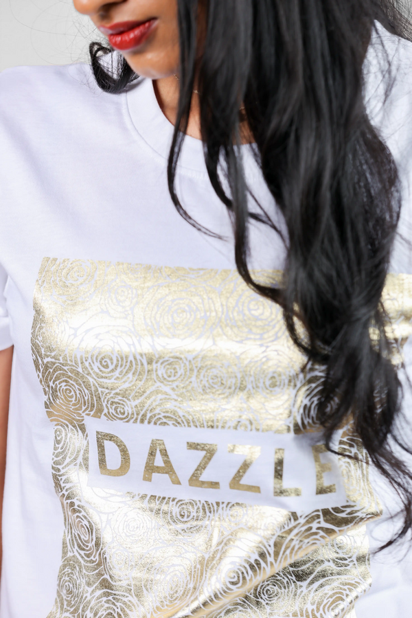 Gilded Dazzle Roses White T-Shirt for Women – Crew Neck Edition