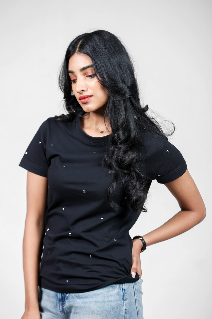 Gleaming Mirage Metal Sequin Black T-Shirt for Women - Crew Neck Edition