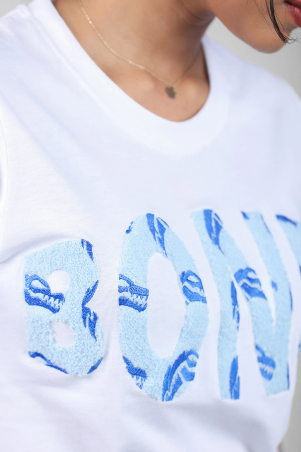 Grandiose Bones Chenille Typography White T-Shirt for Women – Crew Neck Edition