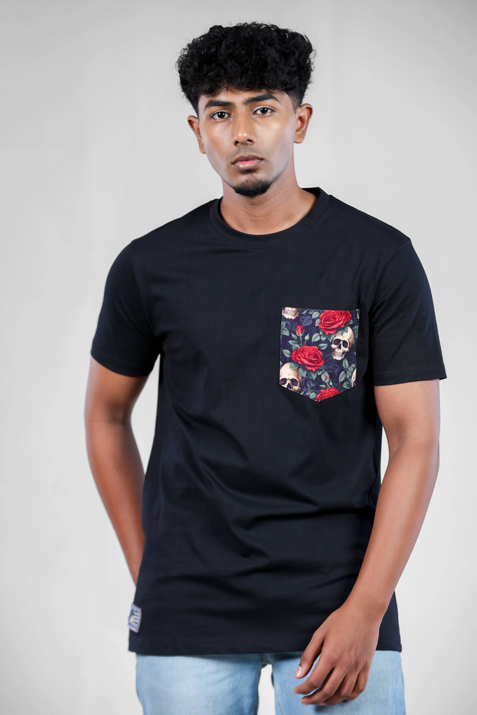 Macabre Bloom Ossuary Patch Black T-Shirt for Men – Crew Neck Edition
