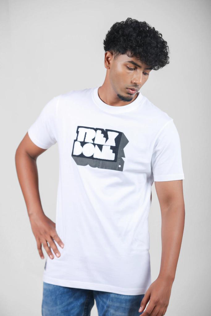 Monolith Shadow Chenille Typography White T-Shirt for Men – Crew Neck Edition