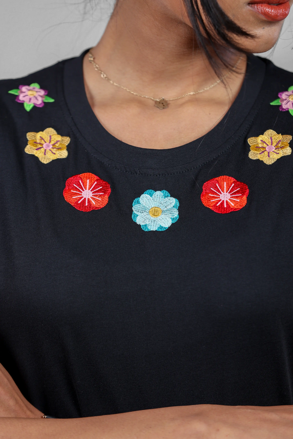 Ornate Garland Embroidered Black T-Shirt for Women - Crew Neck Edition
