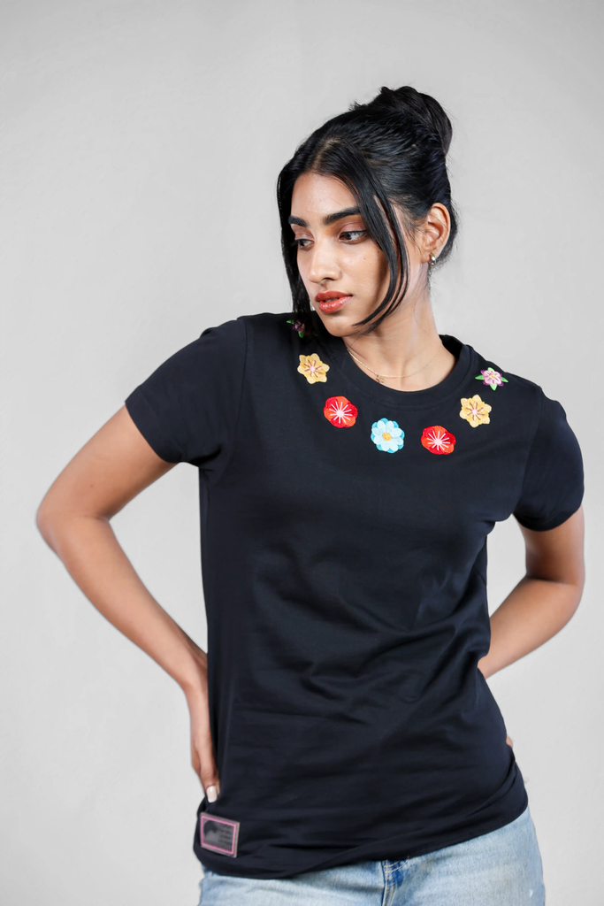 Ornate Garland Embroidered Black T-Shirt for Women - Crew Neck Edition