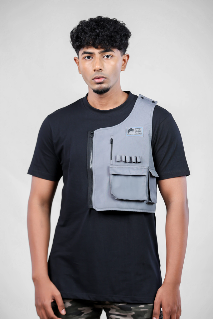 Recon Operator Vest-Styled Black T-Shirt for Men – Crew Neck Edition