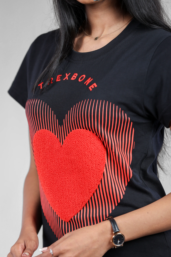 Red Reverie Chenille Black T-Shirt for Women - Crew Neck Edition
