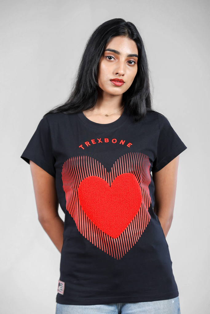 Red Reverie Chenille Black T-Shirt for Women - Crew Neck Edition
