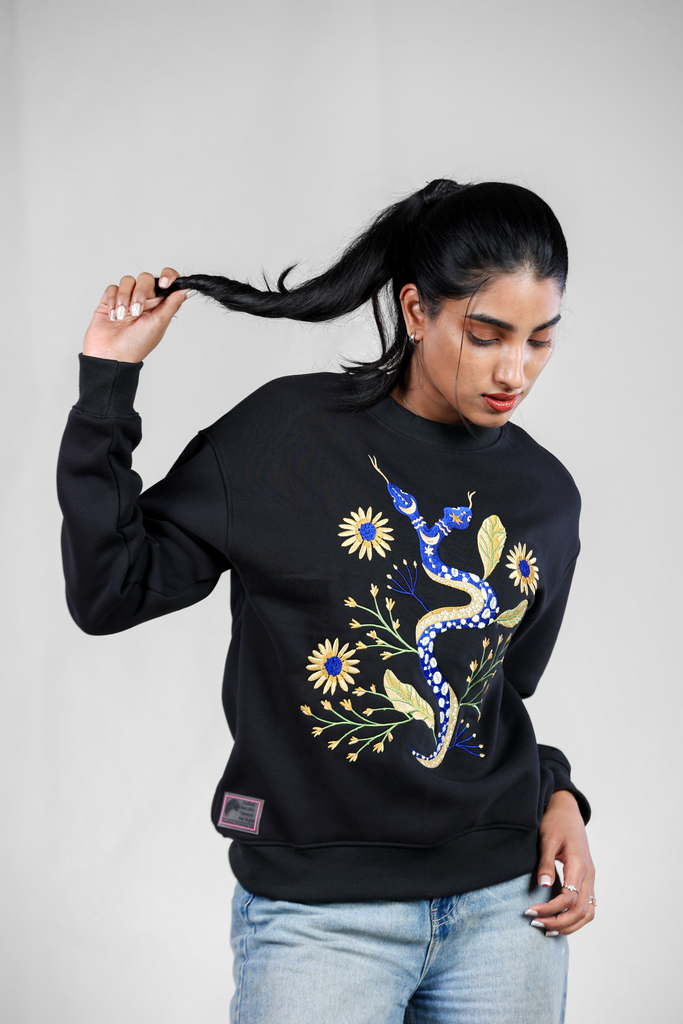 Serpent Blossom Embroidered Black Sweatshirt for Women - Fleece Edition