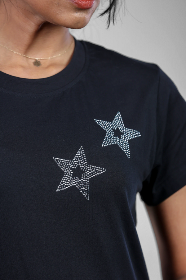 Starlight Elegance Crystal Embellished Black T-Shirt for Women - Crew Neck Edition