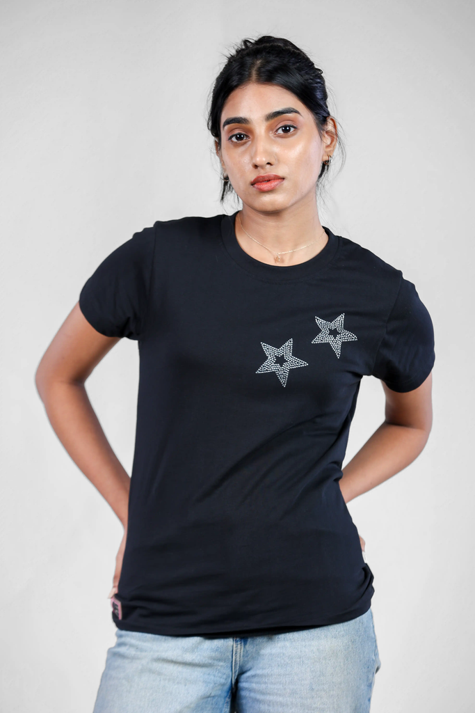 Starlight Elegance Crystal Embellished Black T-Shirt for Women - Crew Neck Edition