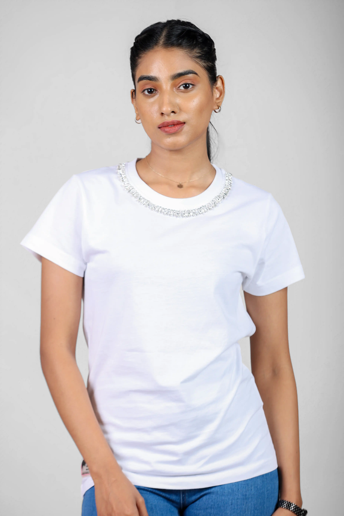 Starlit Coronet Necklace-Adorned White T-Shirt for Women – Crew Neck Edition