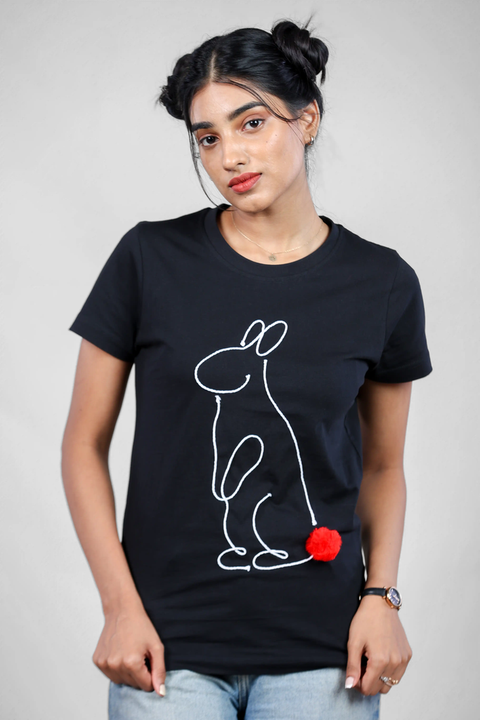 Whimsical Hare Rope Embroidered Black T-Shirt for Women - Crew Neck Edition