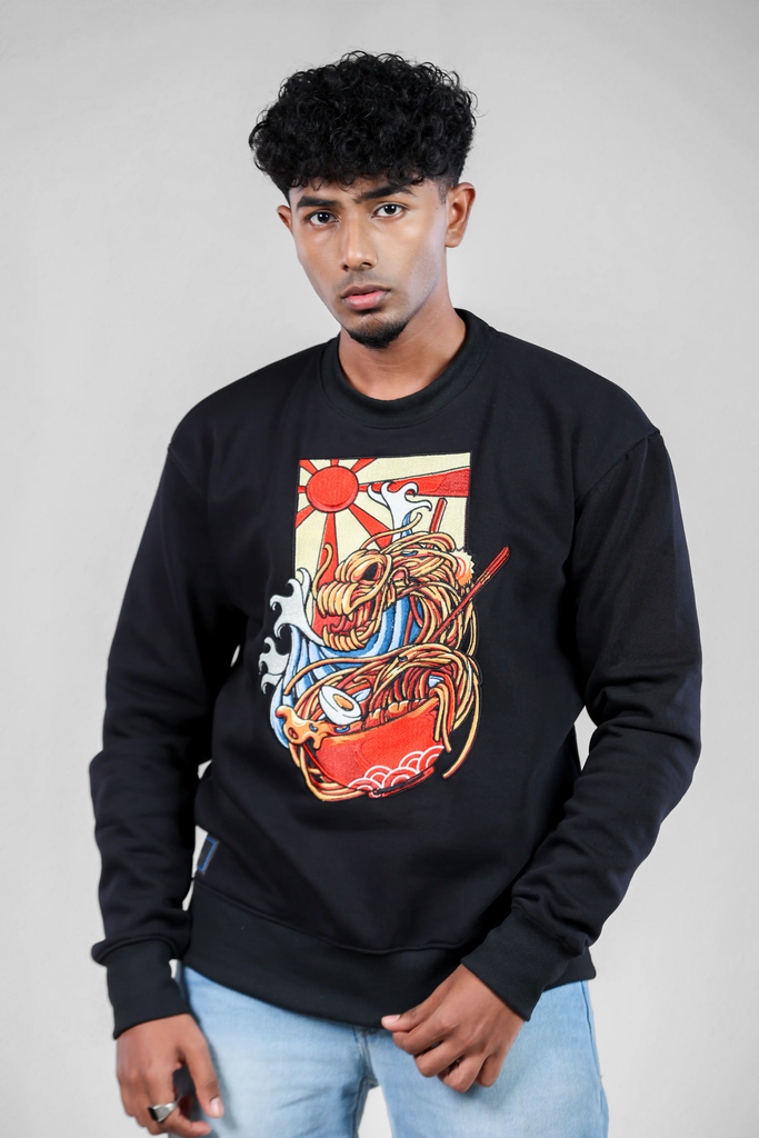 Wyrm of Ramen’s Fury Embroidered Black Sweatshirt for Men – Fleece Edition