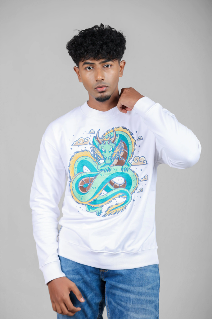 Wyrm of the Skies Embroidered White Sweatshirt for Men – Fleece Edition
